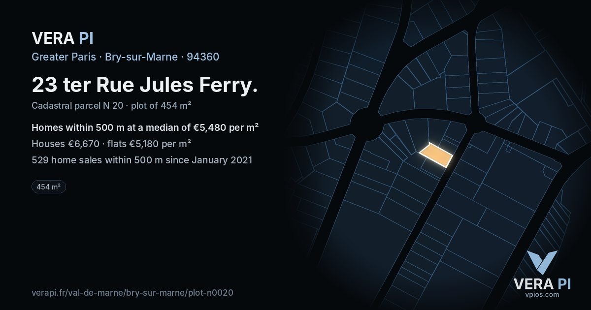 23 ter Rue Jules Ferry, Bry-sur-Marne at night – the plot lit, the parcels around coloured by the prices near them