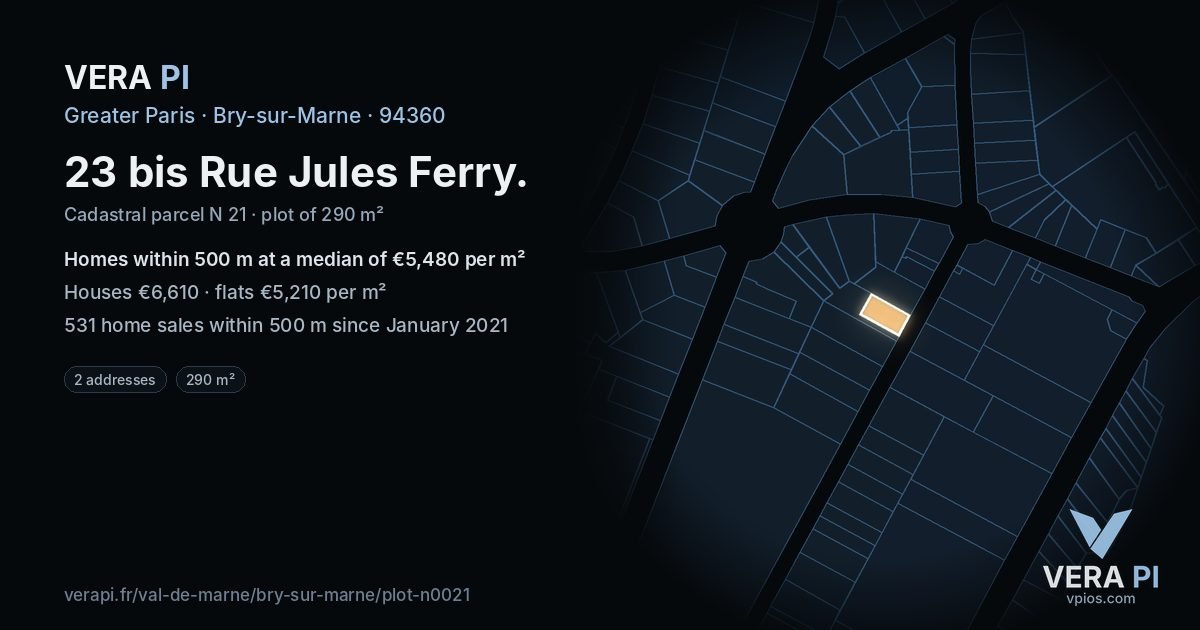 23 bis Rue Jules Ferry, Bry-sur-Marne at night – the plot lit, the parcels around coloured by the prices near them