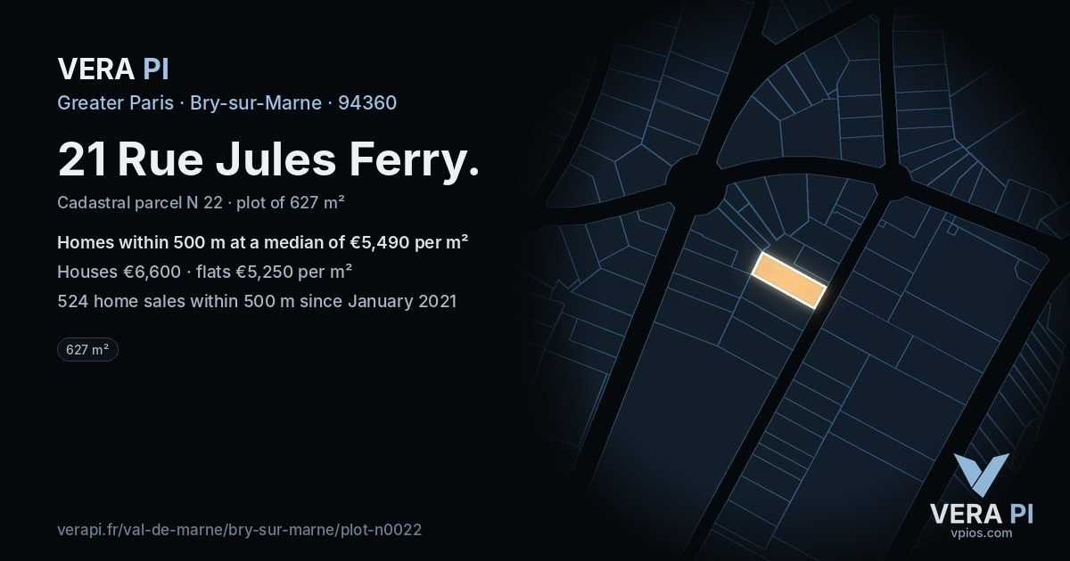 21 Rue Jules Ferry, Bry-sur-Marne at night – the plot lit, the parcels around coloured by the prices near them