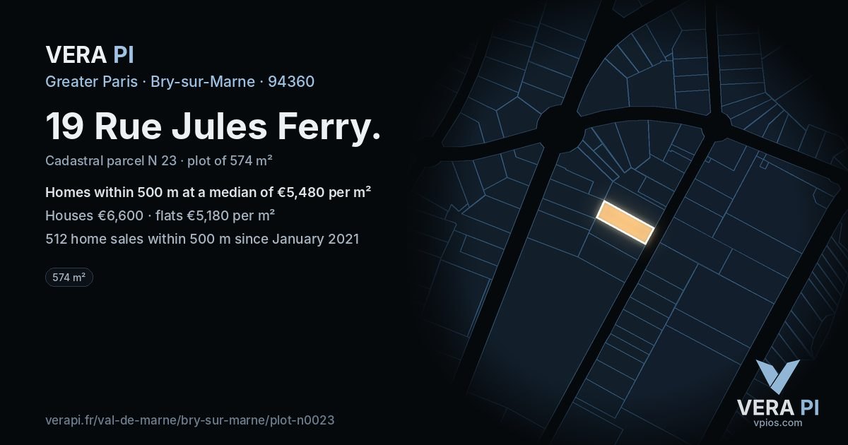 19 Rue Jules Ferry, Bry-sur-Marne at night – the plot lit, the parcels around coloured by the prices near them