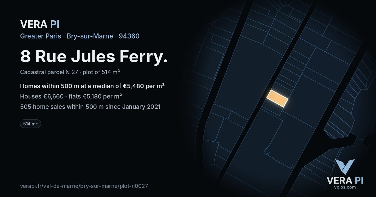 8 Rue Jules Ferry, Bry-sur-Marne at night – the plot lit, the parcels around coloured by the prices near them