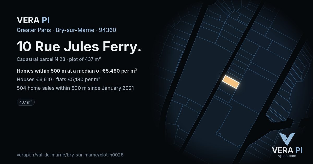 10 Rue Jules Ferry, Bry-sur-Marne at night – the plot lit, the parcels around coloured by the prices near them