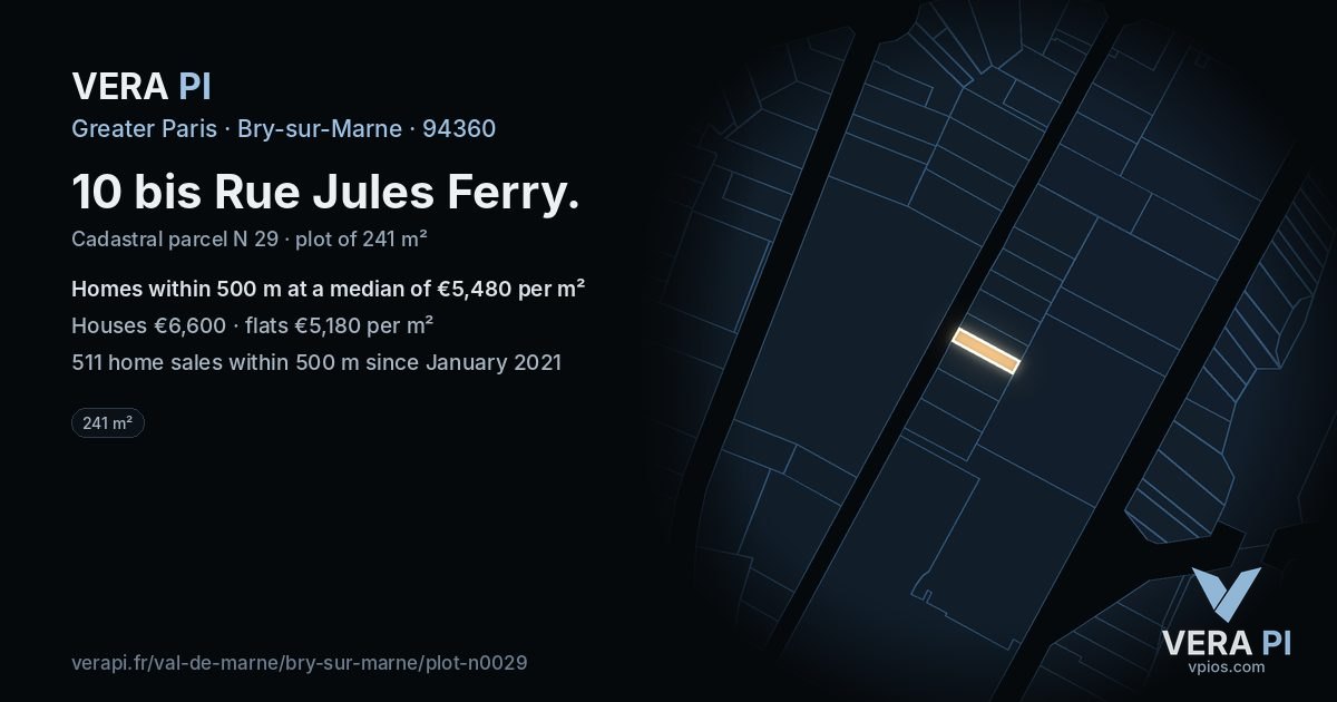 10 bis Rue Jules Ferry, Bry-sur-Marne at night – the plot lit, the parcels around coloured by the prices near them