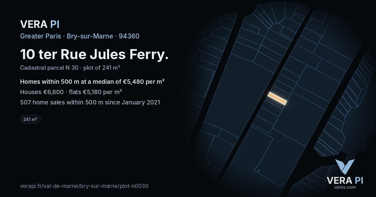10 ter Rue Jules Ferry, Bry-sur-Marne at night – the plot lit, the parcels around coloured by the prices near them