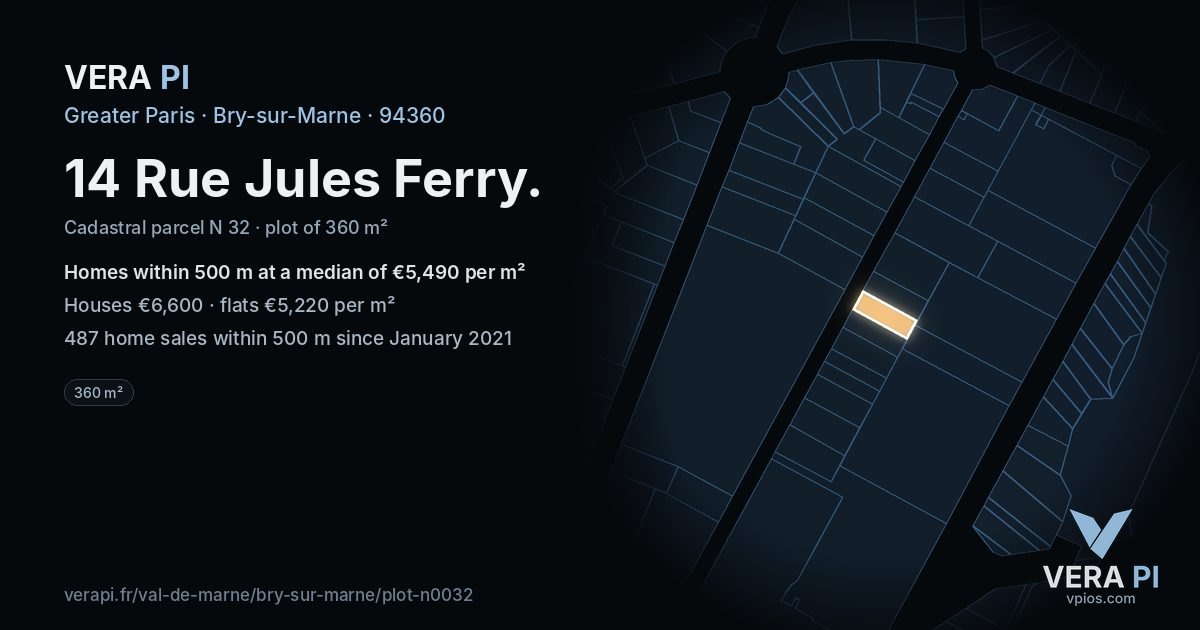 14 Rue Jules Ferry, Bry-sur-Marne at night – the plot lit, the parcels around coloured by the prices near them