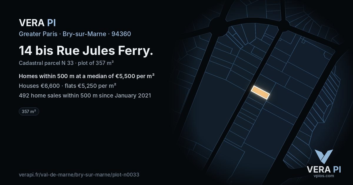 14 bis Rue Jules Ferry, Bry-sur-Marne at night – the plot lit, the parcels around coloured by the prices near them