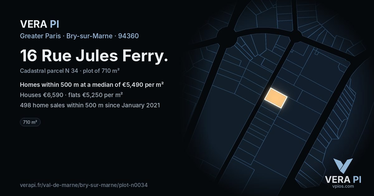 16 Rue Jules Ferry, Bry-sur-Marne at night – the plot lit, the parcels around coloured by the prices near them