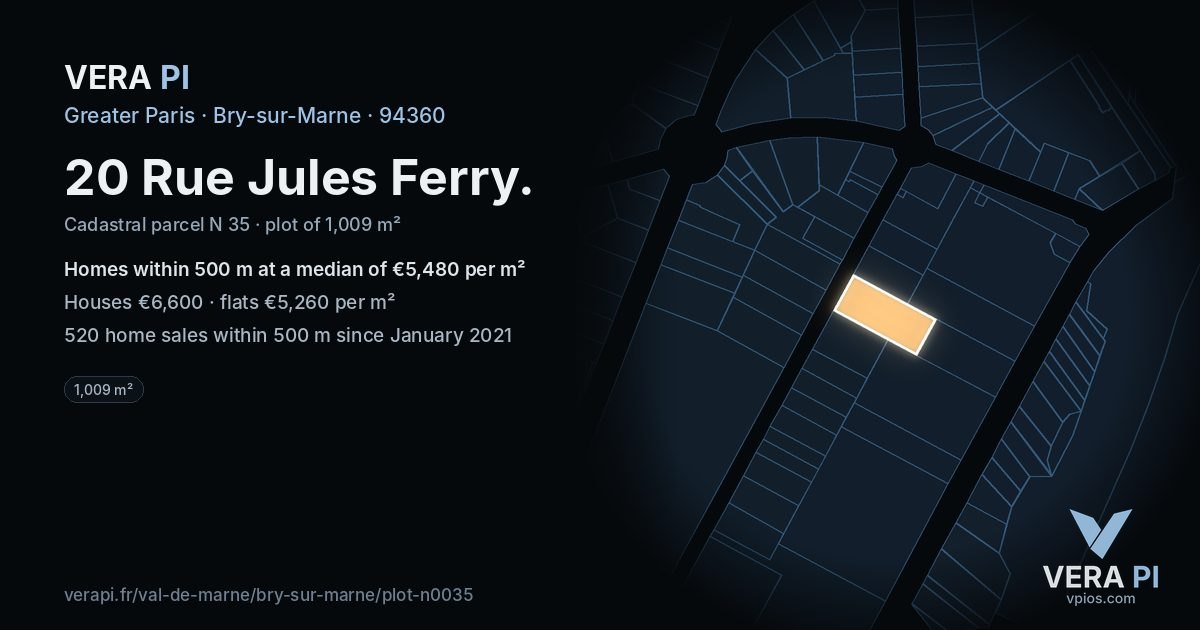20 Rue Jules Ferry, Bry-sur-Marne at night – the plot lit, the parcels around coloured by the prices near them