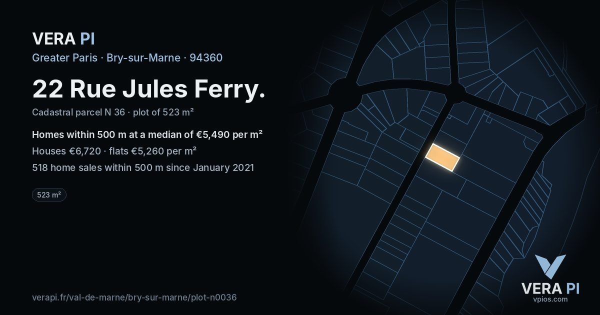 22 Rue Jules Ferry, Bry-sur-Marne at night – the plot lit, the parcels around coloured by the prices near them