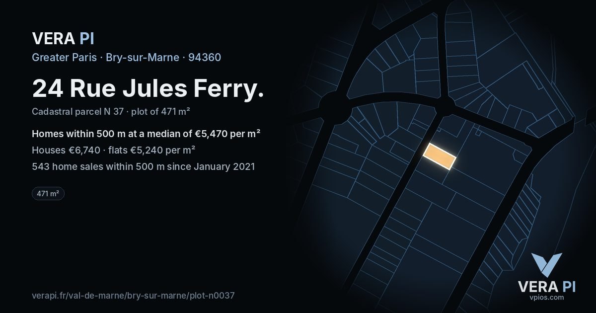 24 Rue Jules Ferry, Bry-sur-Marne at night – the plot lit, the parcels around coloured by the prices near them