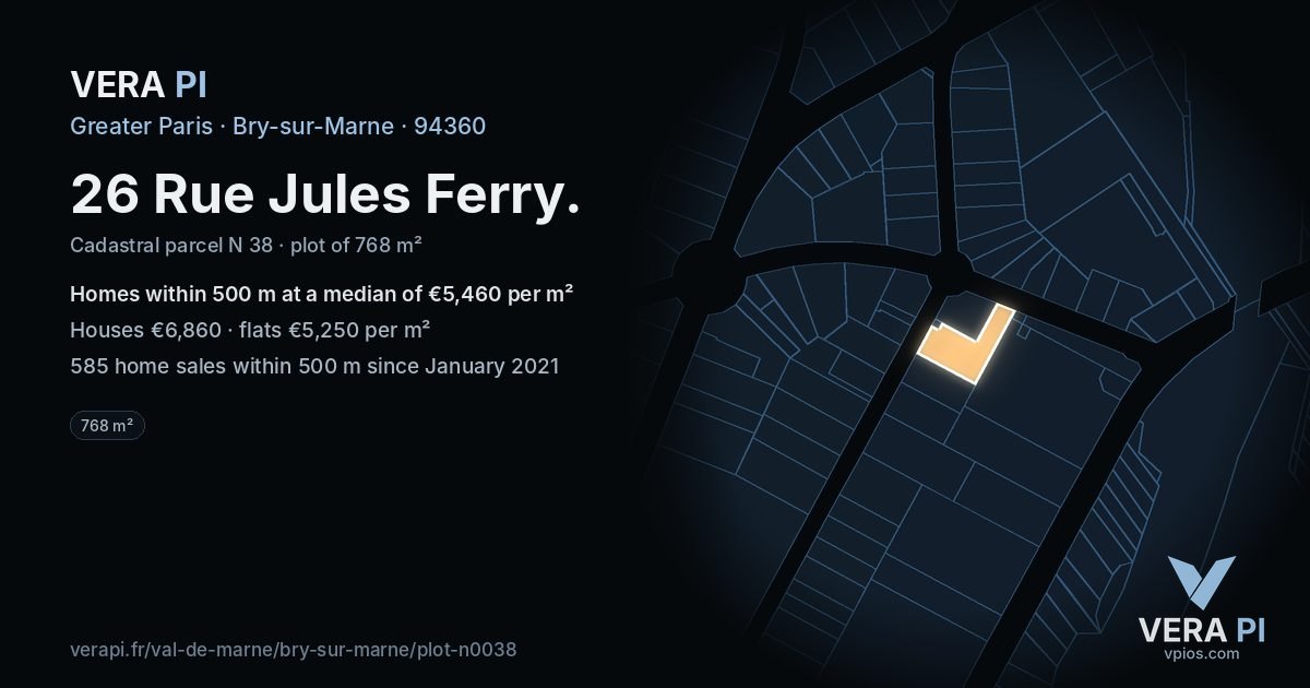 26 Rue Jules Ferry, Bry-sur-Marne at night – the plot lit, the parcels around coloured by the prices near them