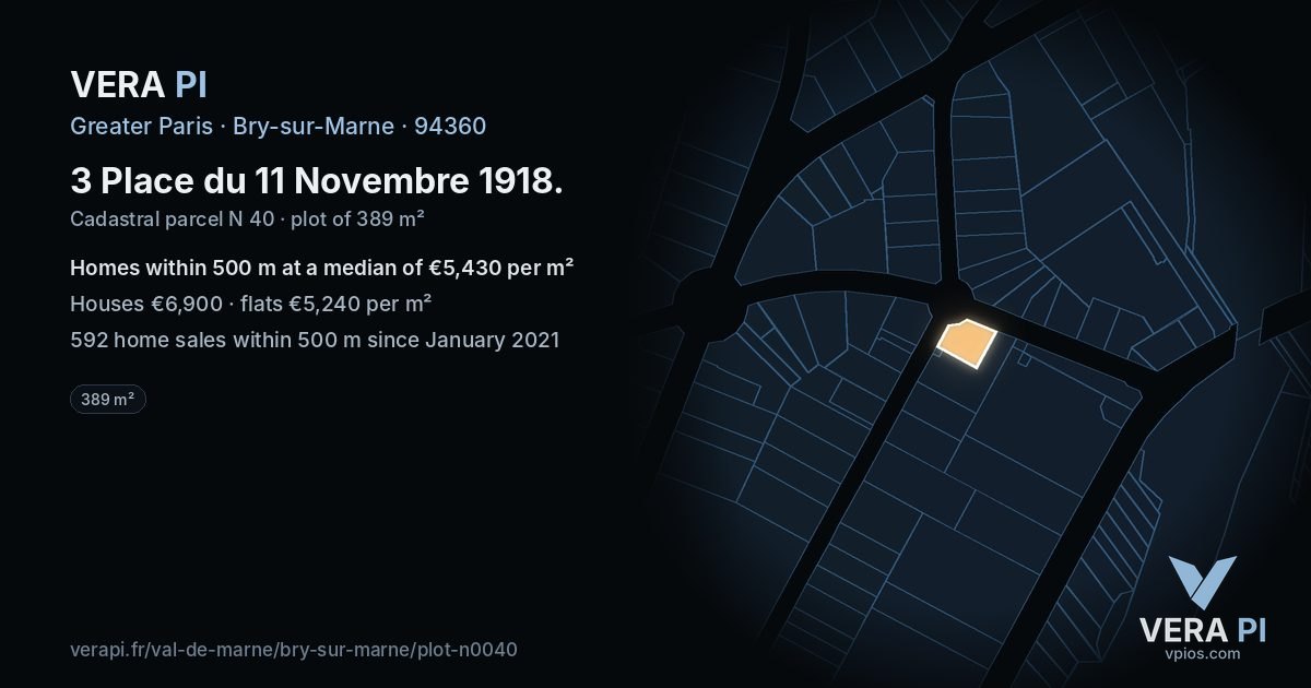 3 Place du 11 Novembre 1918, Bry-sur-Marne at night – the plot lit, the parcels around coloured by the prices near them