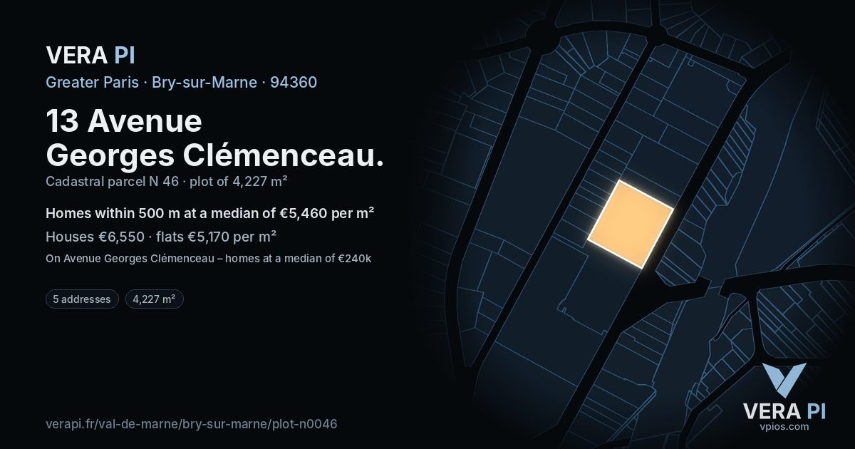 13 Avenue Georges Clémenceau, Bry-sur-Marne at night – the plot lit, the parcels around coloured by the prices near them