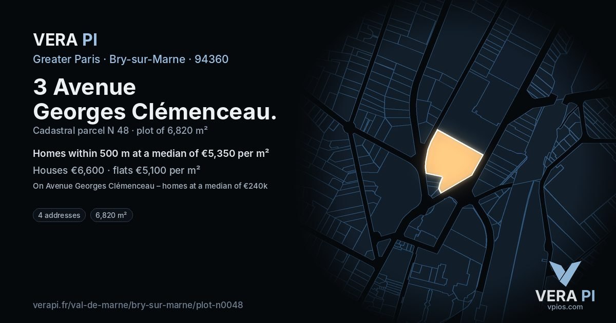 3 Avenue Georges Clémenceau, Bry-sur-Marne at night – the plot lit, the parcels around coloured by the prices near them