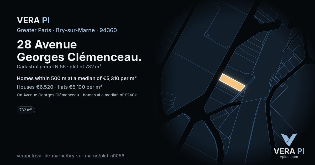 28 Avenue Georges Clémenceau, Bry-sur-Marne at night – the plot lit, the parcels around coloured by the prices near them