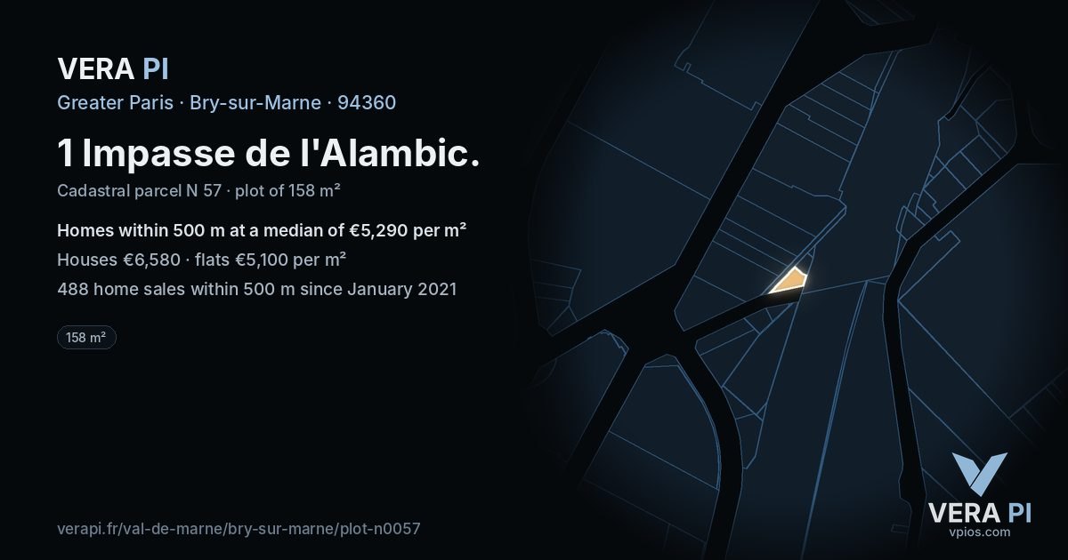 1 Impasse de l'Alambic, Bry-sur-Marne at night – the plot lit, the parcels around coloured by the prices near them