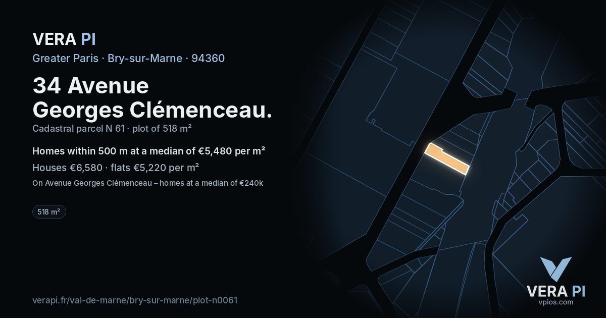 34 Avenue Georges Clémenceau, Bry-sur-Marne at night – the plot lit, the parcels around coloured by the prices near them