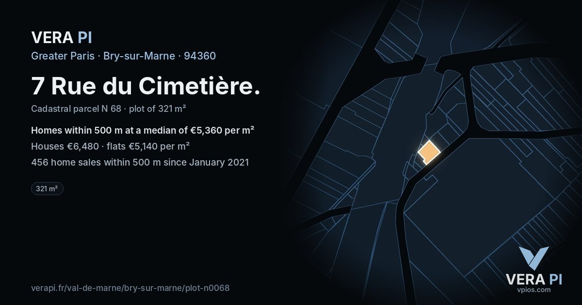 7 Rue du Cimetière, Bry-sur-Marne at night – the plot lit, the parcels around coloured by the prices near them