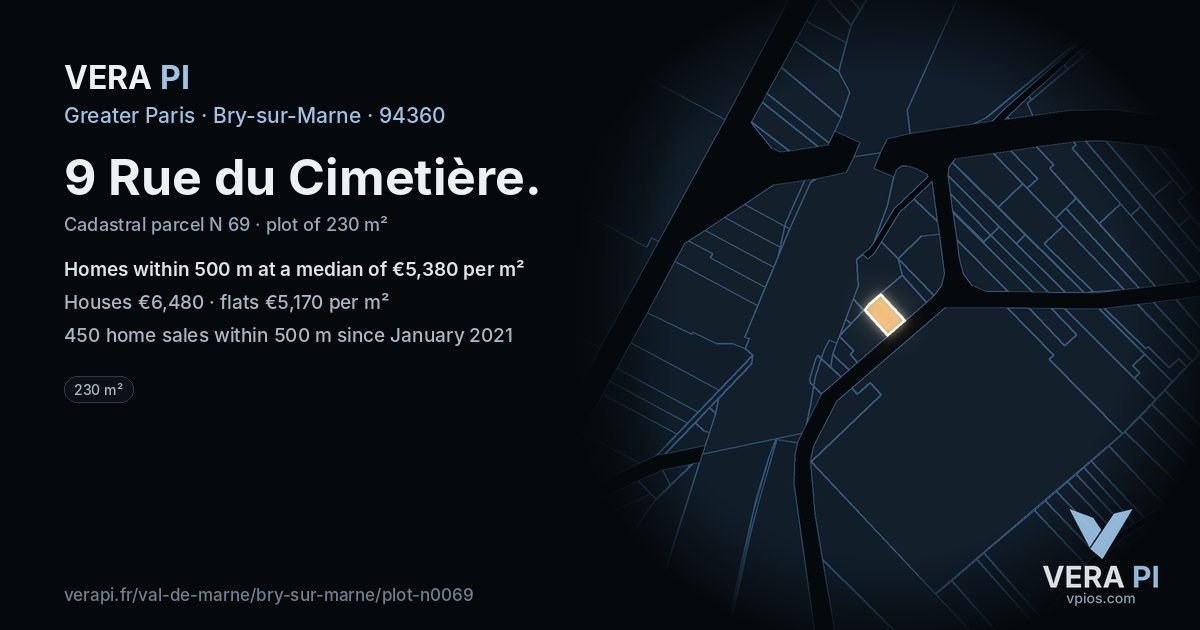 9 Rue du Cimetière, Bry-sur-Marne at night – the plot lit, the parcels around coloured by the prices near them