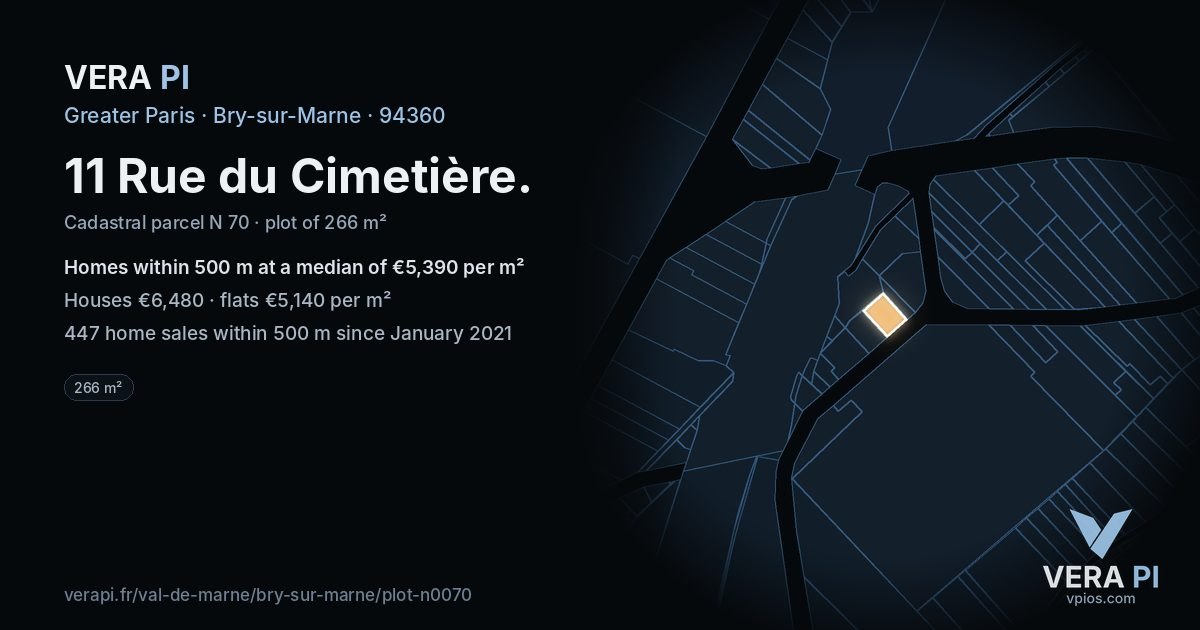 11 Rue du Cimetière, Bry-sur-Marne at night – the plot lit, the parcels around coloured by the prices near them
