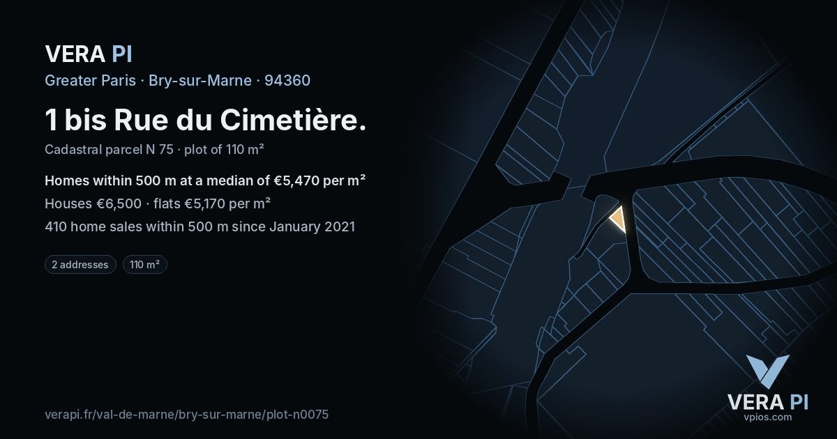 1 bis Rue du Cimetière, Bry-sur-Marne at night – the plot lit, the parcels around coloured by the prices near them