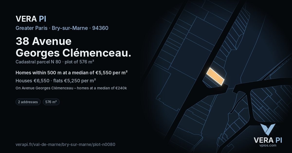 38 Avenue Georges Clémenceau, Bry-sur-Marne at night – the plot lit, the parcels around coloured by the prices near them