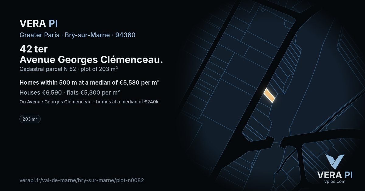 42 ter Avenue Georges Clémenceau, Bry-sur-Marne at night – the plot lit, the parcels around coloured by the prices near them