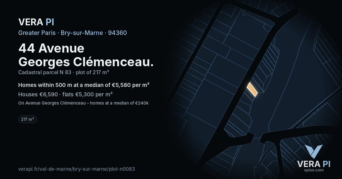 44 Avenue Georges Clémenceau, Bry-sur-Marne at night – the plot lit, the parcels around coloured by the prices near them