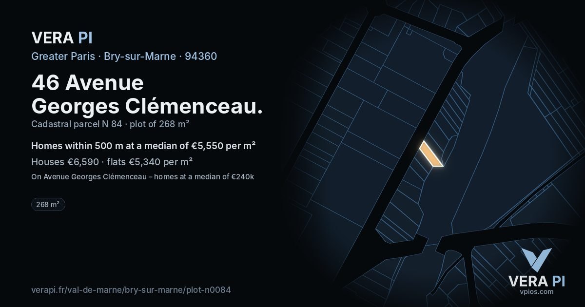 46 Avenue Georges Clémenceau, Bry-sur-Marne at night – the plot lit, the parcels around coloured by the prices near them
