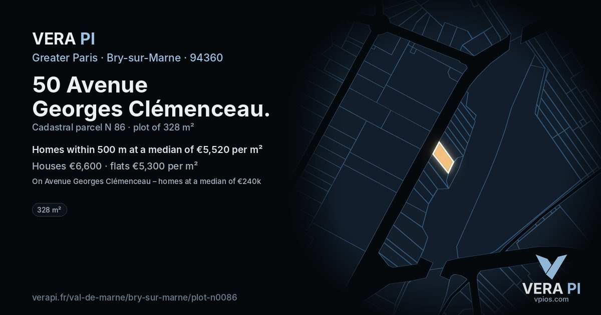50 Avenue Georges Clémenceau, Bry-sur-Marne at night – the plot lit, the parcels around coloured by the prices near them