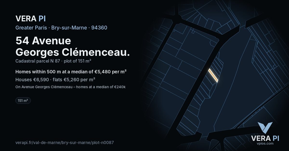 54 Avenue Georges Clémenceau, Bry-sur-Marne at night – the plot lit, the parcels around coloured by the prices near them
