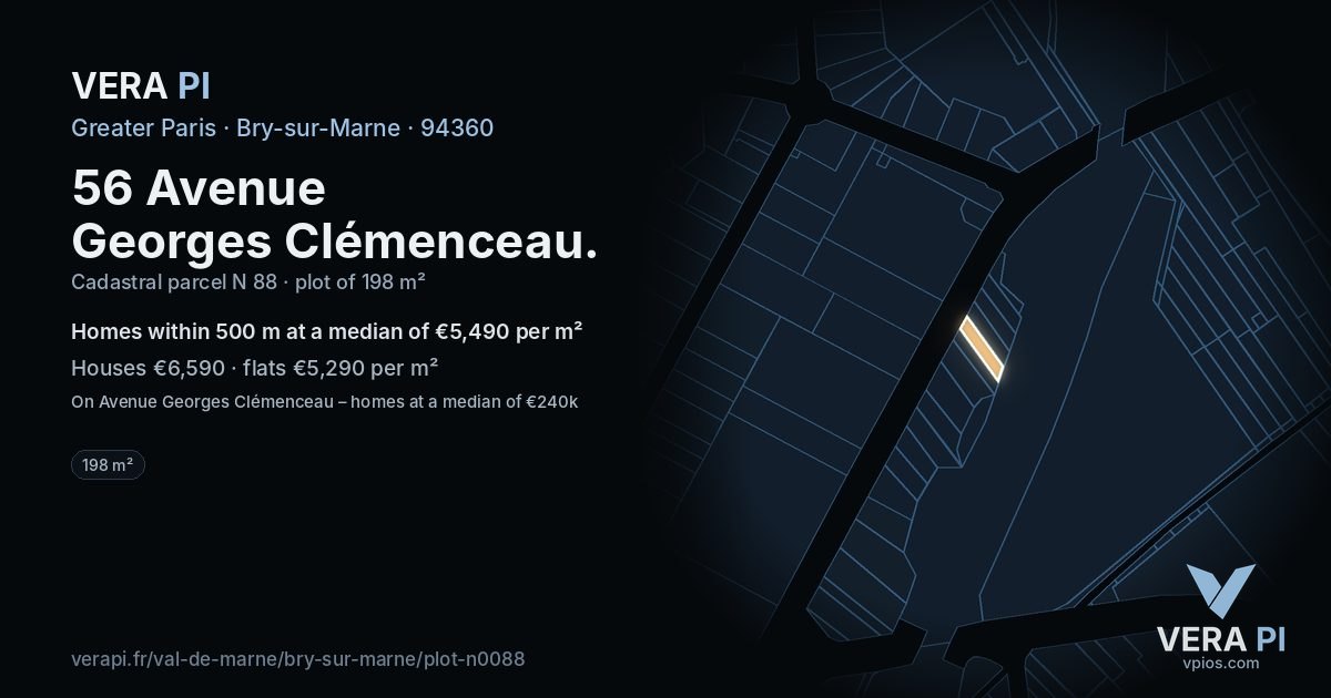 56 Avenue Georges Clémenceau, Bry-sur-Marne at night – the plot lit, the parcels around coloured by the prices near them
