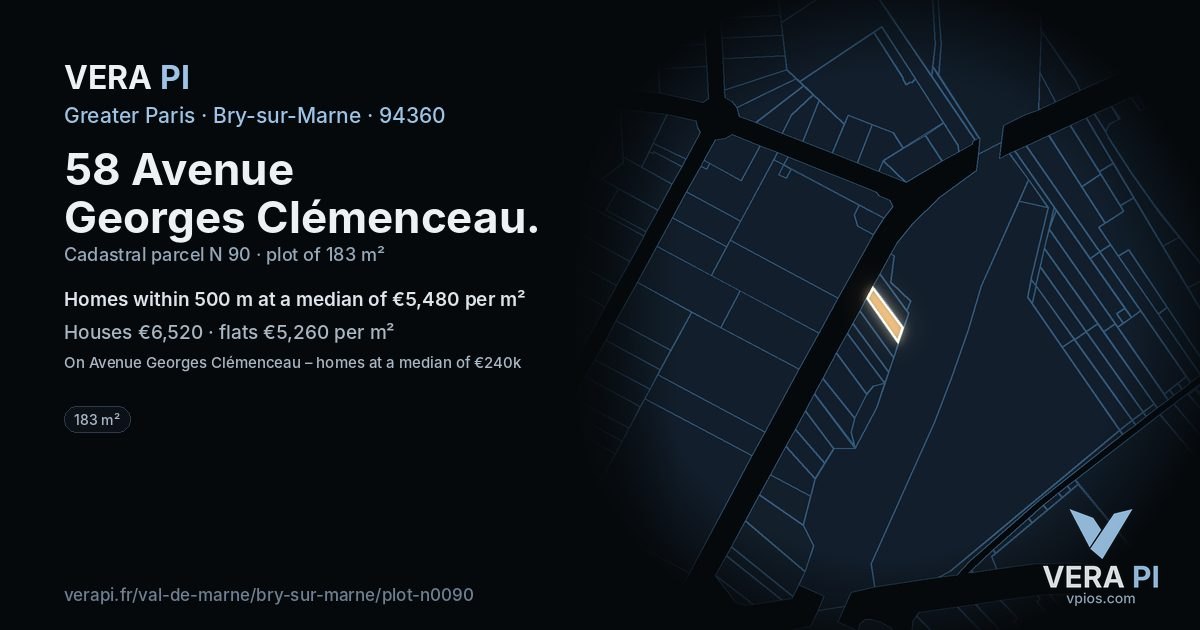 58 Avenue Georges Clémenceau, Bry-sur-Marne at night – the plot lit, the parcels around coloured by the prices near them