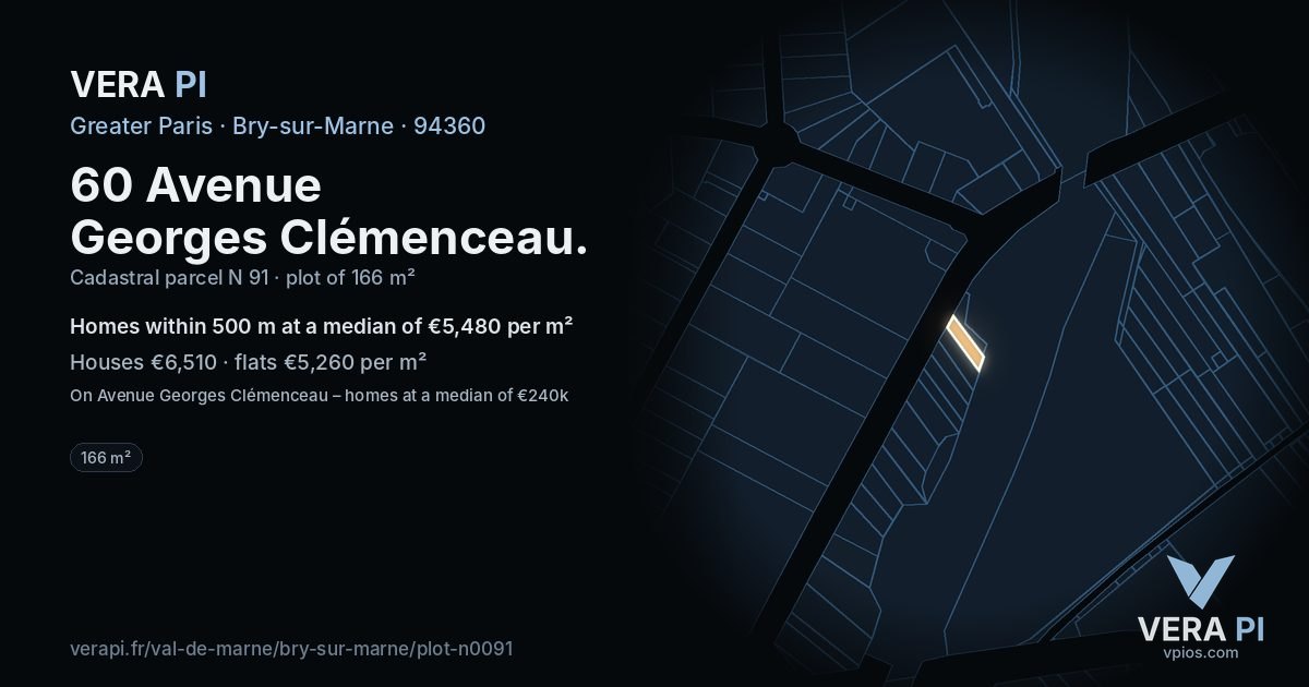 60 Avenue Georges Clémenceau, Bry-sur-Marne at night – the plot lit, the parcels around coloured by the prices near them