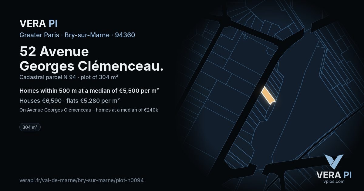 52 Avenue Georges Clémenceau, Bry-sur-Marne at night – the plot lit, the parcels around coloured by the prices near them