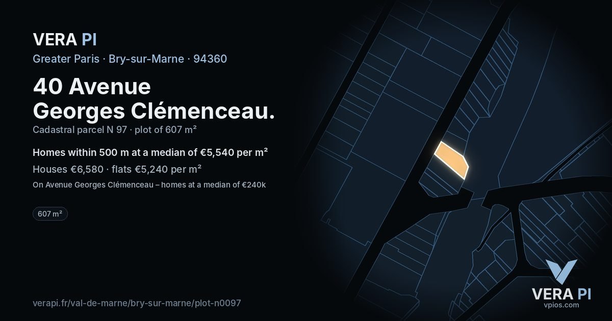 40 Avenue Georges Clémenceau, Bry-sur-Marne at night – the plot lit, the parcels around coloured by the prices near them