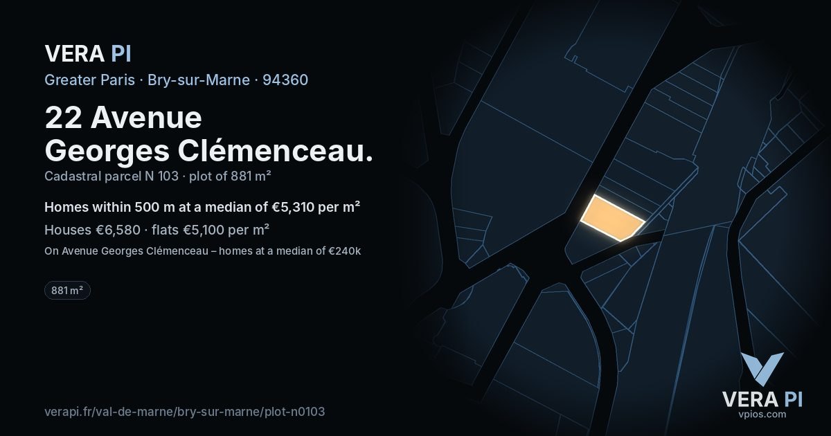 22 Avenue Georges Clémenceau, Bry-sur-Marne at night – the plot lit, the parcels around coloured by the prices near them