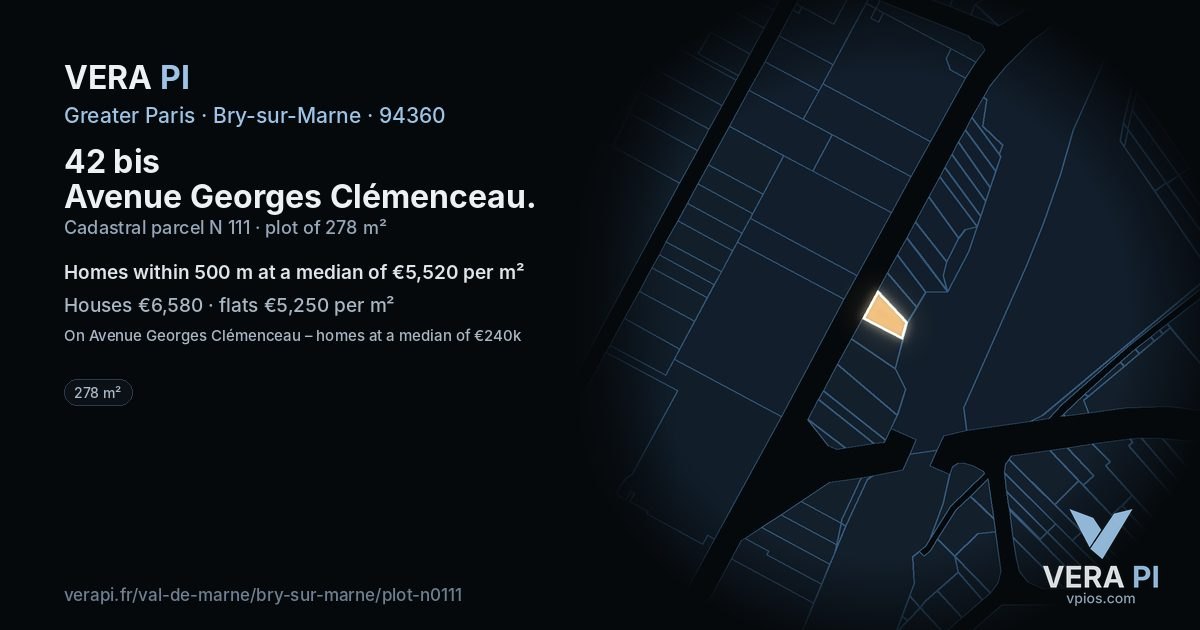 42 bis Avenue Georges Clémenceau, Bry-sur-Marne at night – the plot lit, the parcels around coloured by the prices near them