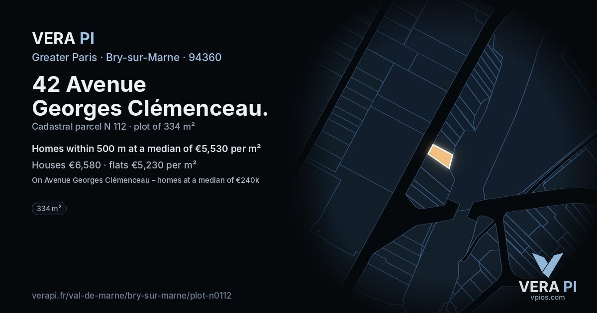 42 Avenue Georges Clémenceau, Bry-sur-Marne at night – the plot lit, the parcels around coloured by the prices near them