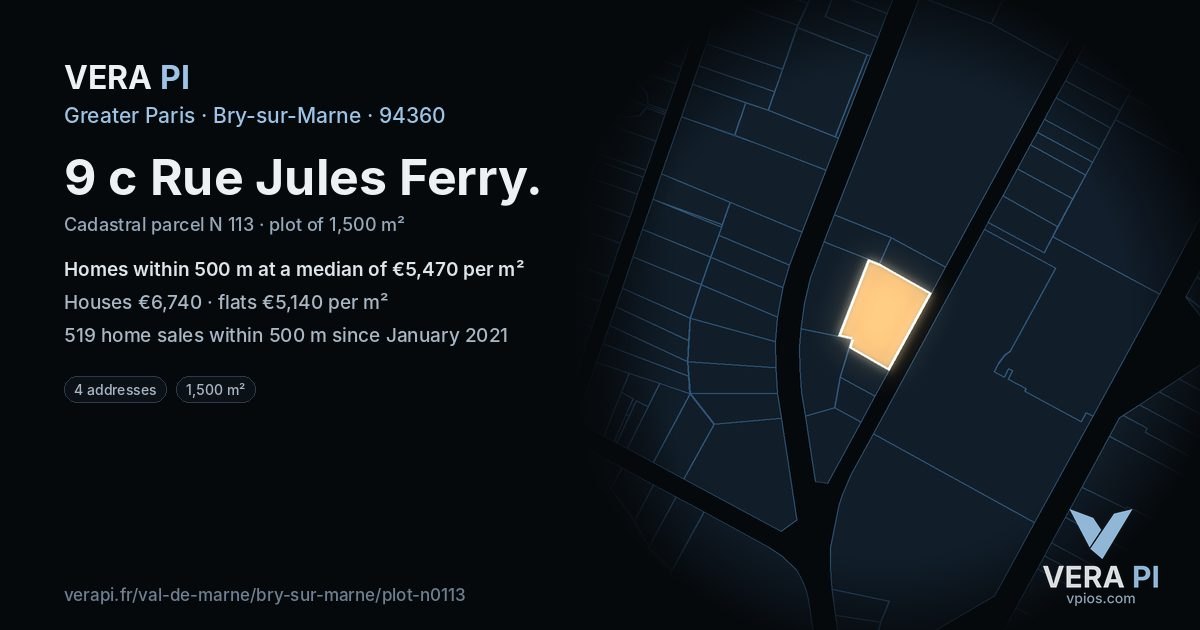 9 c Rue Jules Ferry, Bry-sur-Marne at night – the plot lit, the parcels around coloured by the prices near them