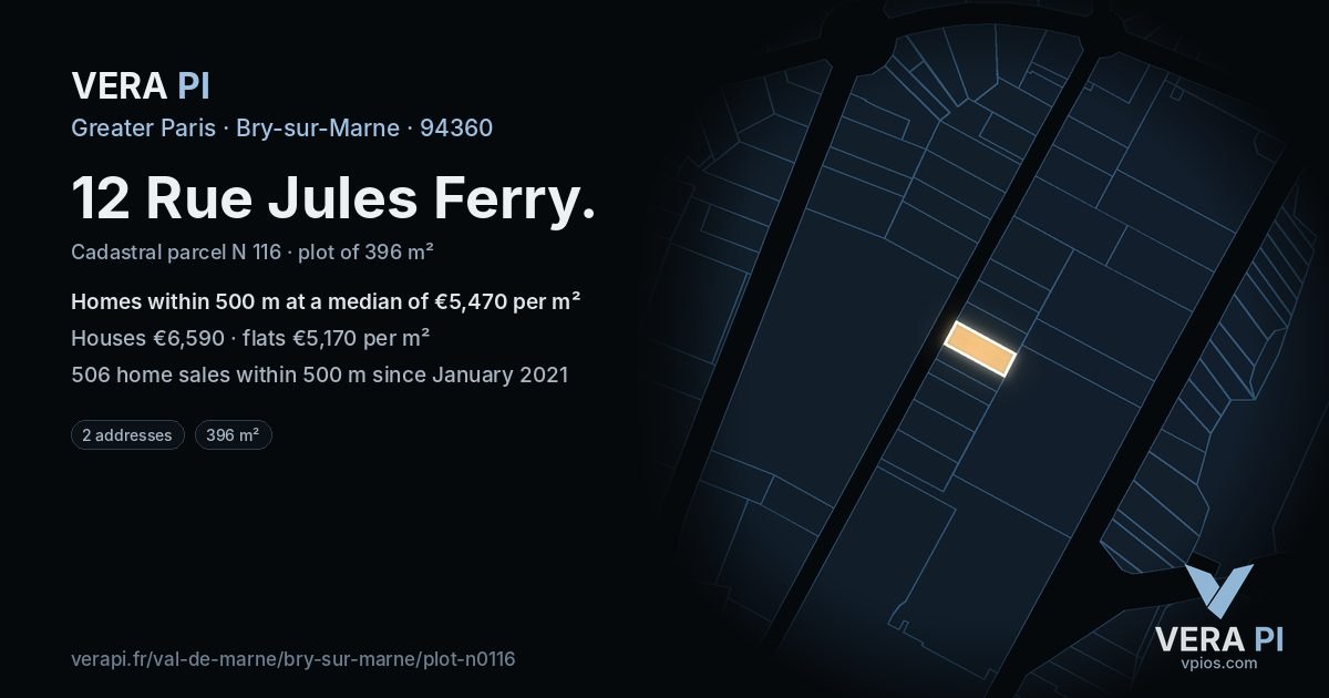 12 Rue Jules Ferry, Bry-sur-Marne at night – the plot lit, the parcels around coloured by the prices near them