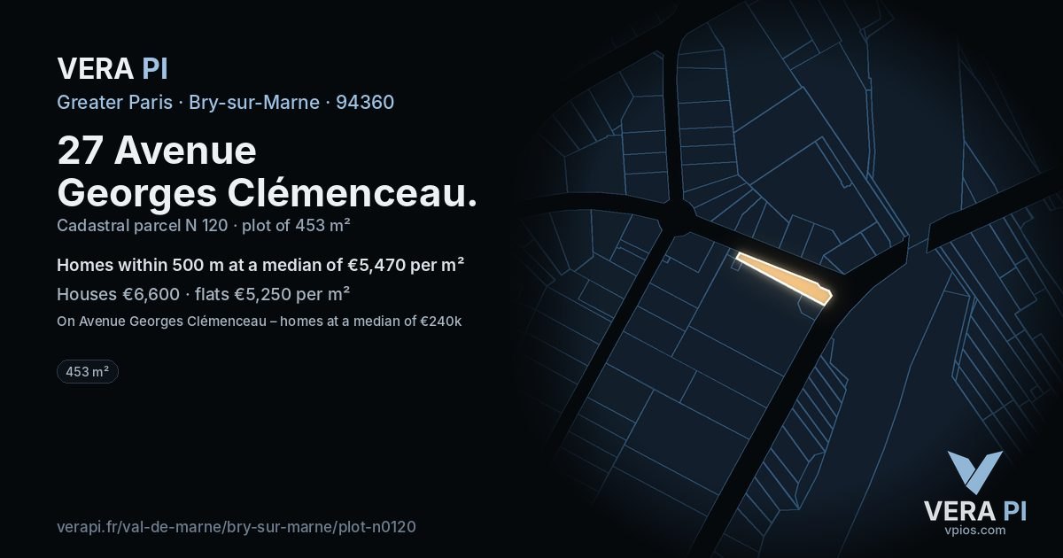 27 Avenue Georges Clémenceau, Bry-sur-Marne at night – the plot lit, the parcels around coloured by the prices near them