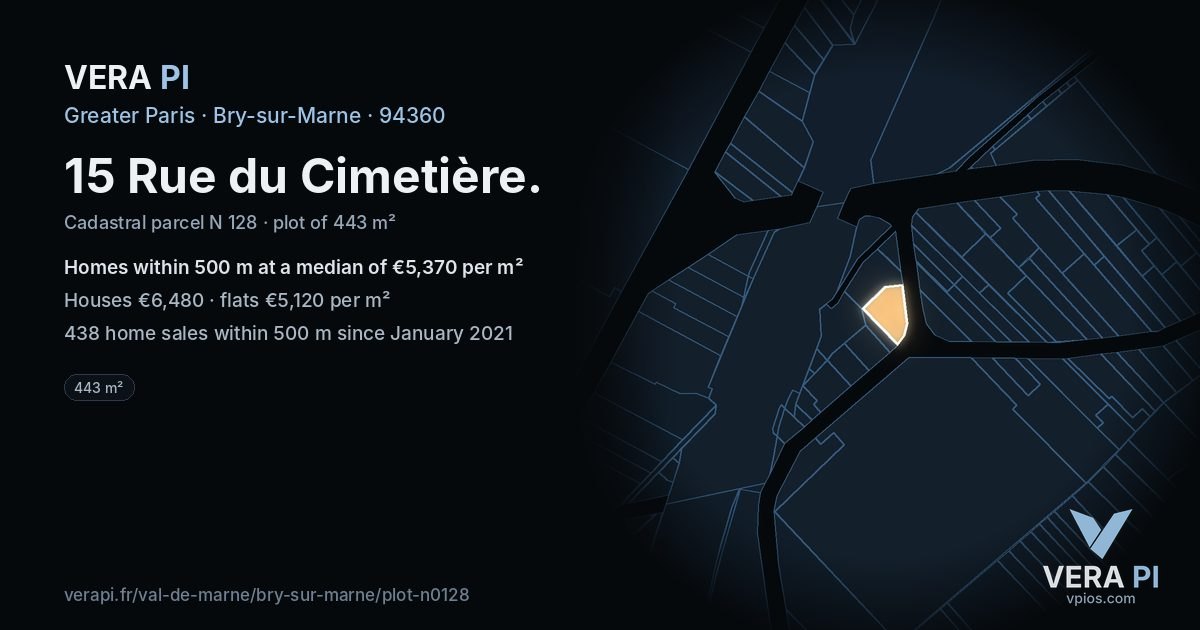 15 Rue du Cimetière, Bry-sur-Marne at night – the plot lit, the parcels around coloured by the prices near them