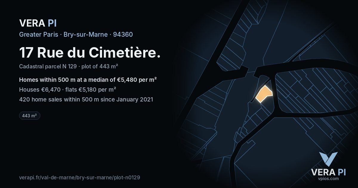 17 Rue du Cimetière, Bry-sur-Marne at night – the plot lit, the parcels around coloured by the prices near them