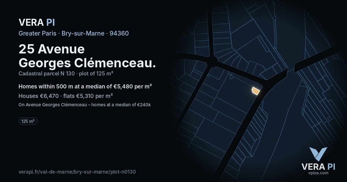 25 Avenue Georges Clémenceau, Bry-sur-Marne at night – the plot lit, the parcels around coloured by the prices near them