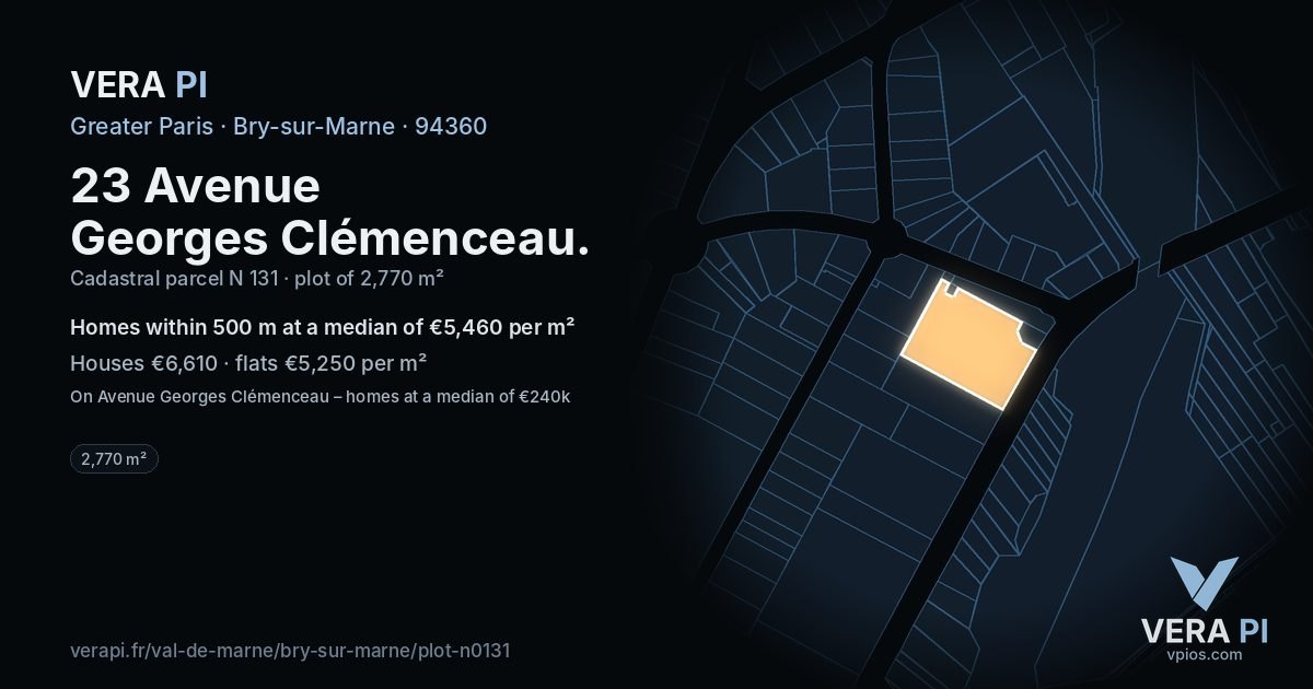 23 Avenue Georges Clémenceau, Bry-sur-Marne at night – the plot lit, the parcels around coloured by the prices near them