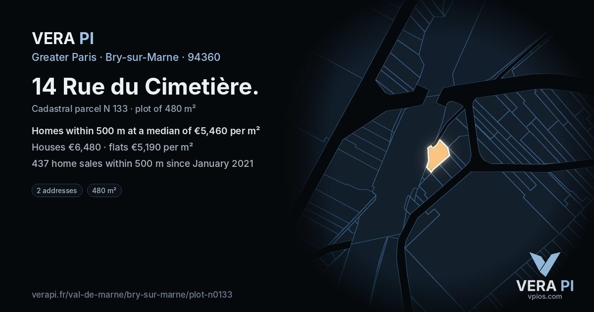14 Rue du Cimetière, Bry-sur-Marne at night – the plot lit, the parcels around coloured by the prices near them