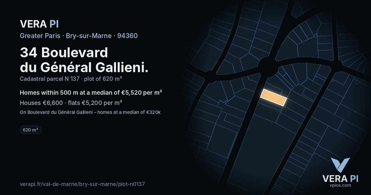 34 Boulevard du Général Gallieni, Bry-sur-Marne at night – the plot lit, the parcels around coloured by the prices near them