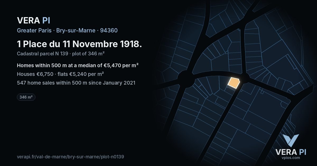 1 Place du 11 Novembre 1918, Bry-sur-Marne at night – the plot lit, the parcels around coloured by the prices near them