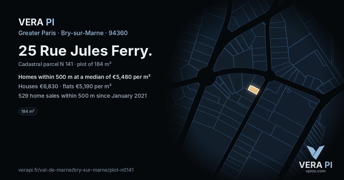 25 Rue Jules Ferry, Bry-sur-Marne at night – the plot lit, the parcels around coloured by the prices near them